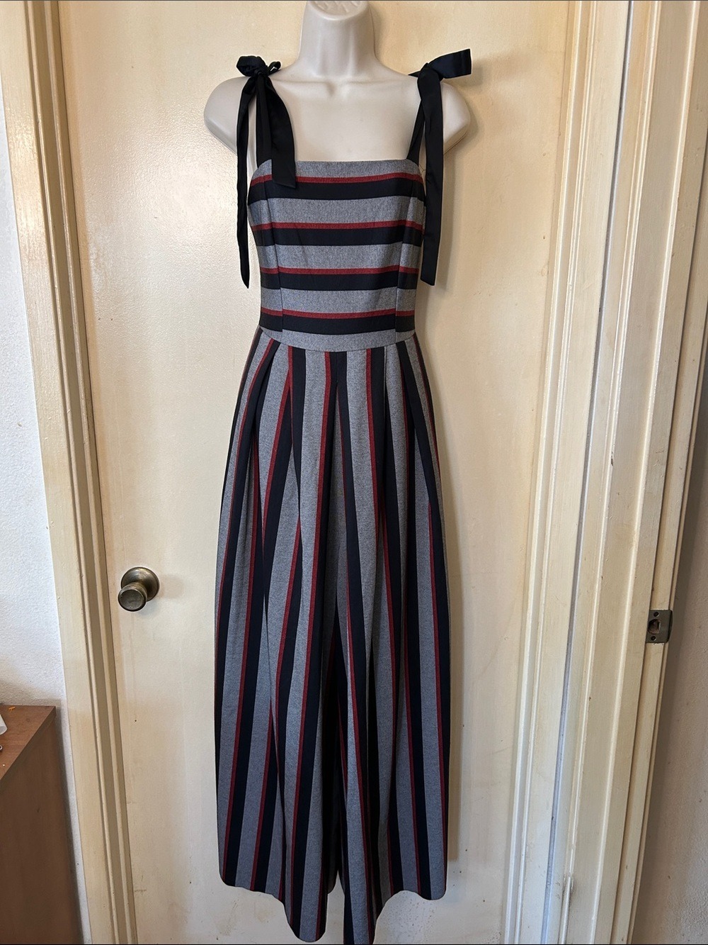 Gracia Wide-Leg Striped Jumpsuit in Gray, Black & Red size M